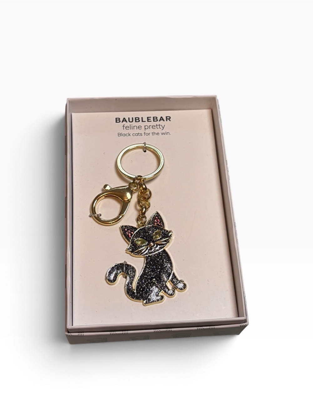 BaubleBar Black Glitter Cat Keychain with Gold Hardware Bag Charm Halloween
